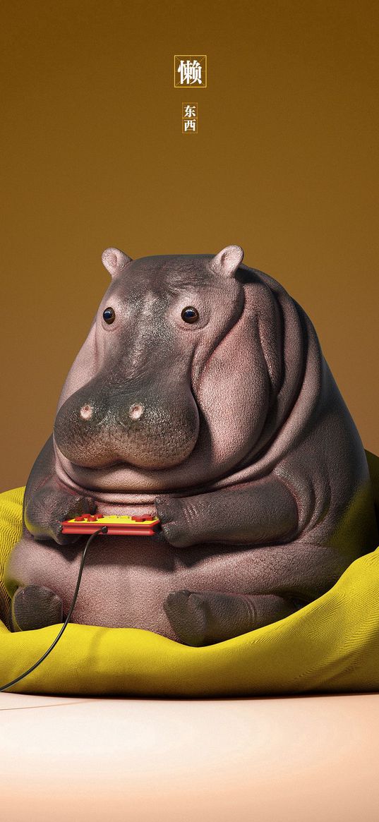 hippo, joystick, art, funny, 3d