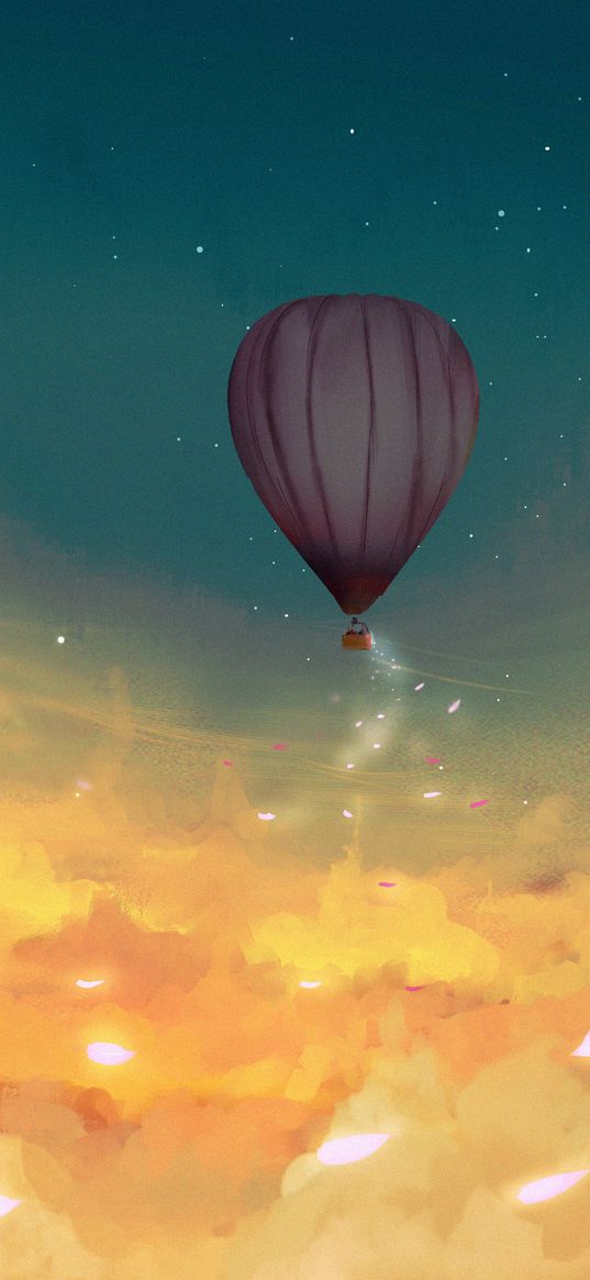 air balloon, leaves, glow, clouds, art