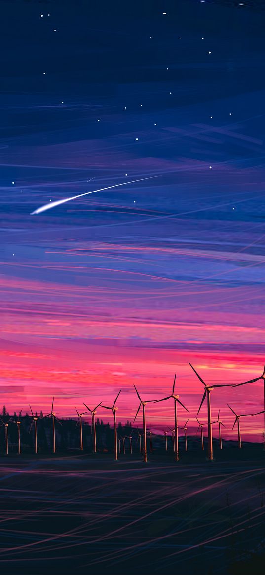 wind farm, turbines, night, starry sky, art