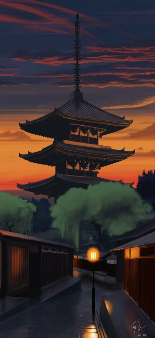 pagoda, temple, building, dusk, art