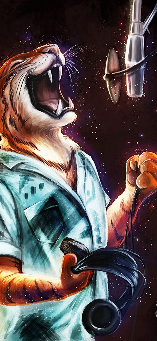 tiger, singer, sing, microphone, headphones, art