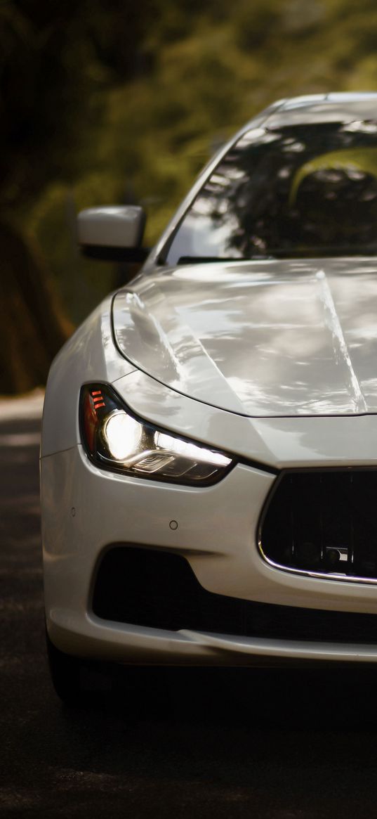 maserati ghibli, maserati, car, white, sportscar, front view