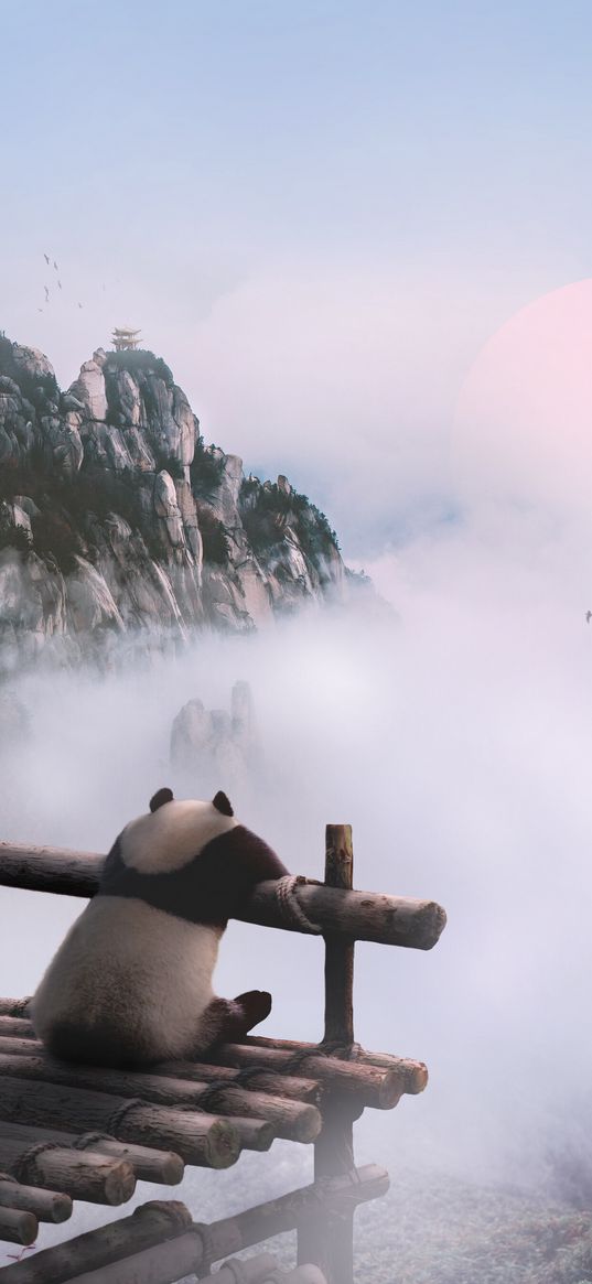 panda, mountains, fog, clouds, nature