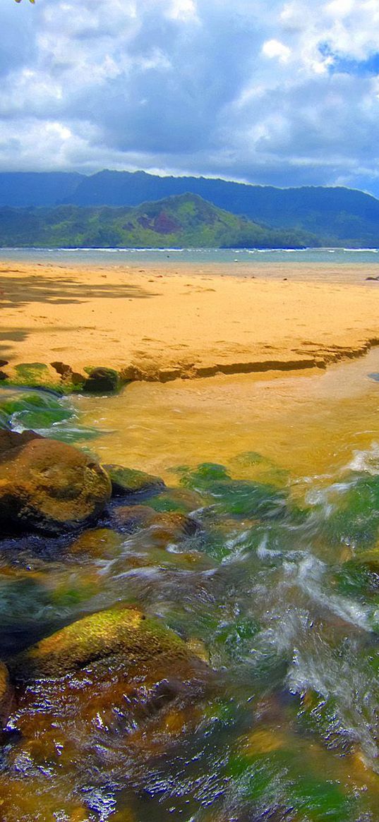 hawaii, day, sea, sand, stones