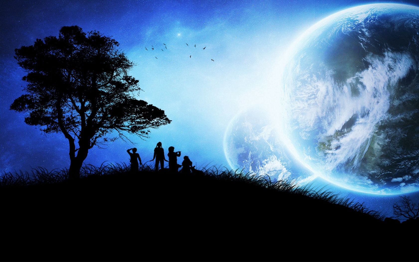 children, tree, silhouettes, planets, birds