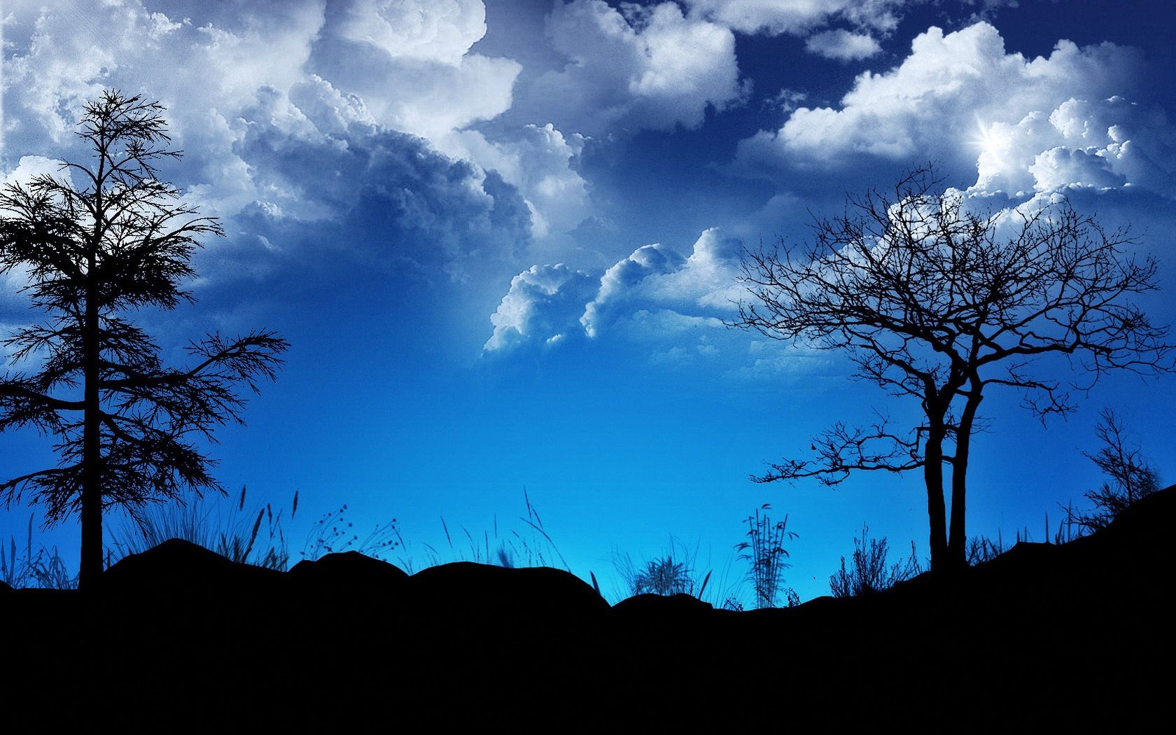 clouds, sky, night, outlines, blue, black, trees