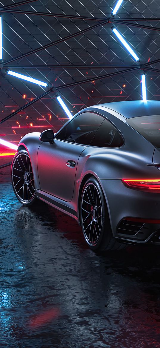 porsche 911 turbo s, porsche, car, sportscar, gray, neon, night