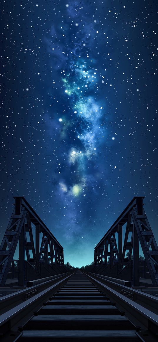 bridge, rails, starry sky, night, art