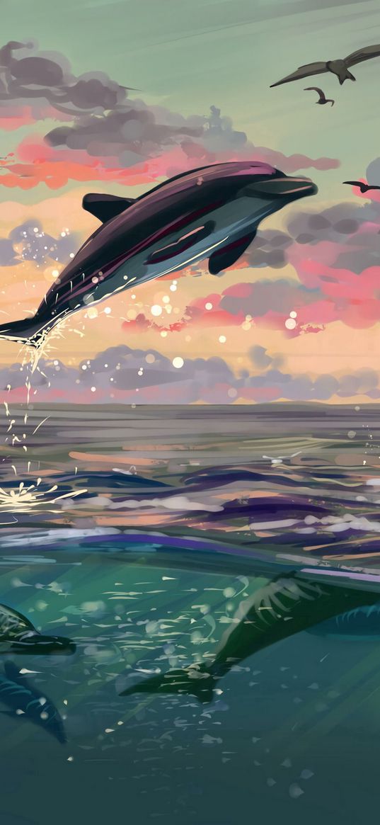 dolphins, jump, water, art, sea