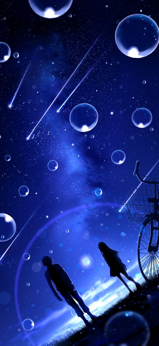 night, starry sky, silhouettes, bubbles, meteors