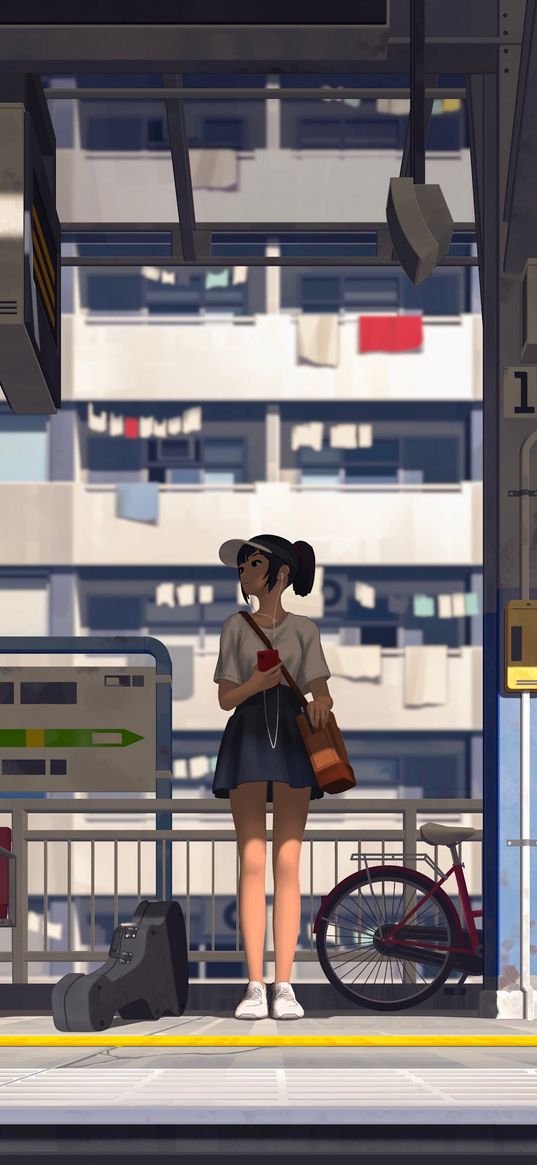 girl, platform, station, art