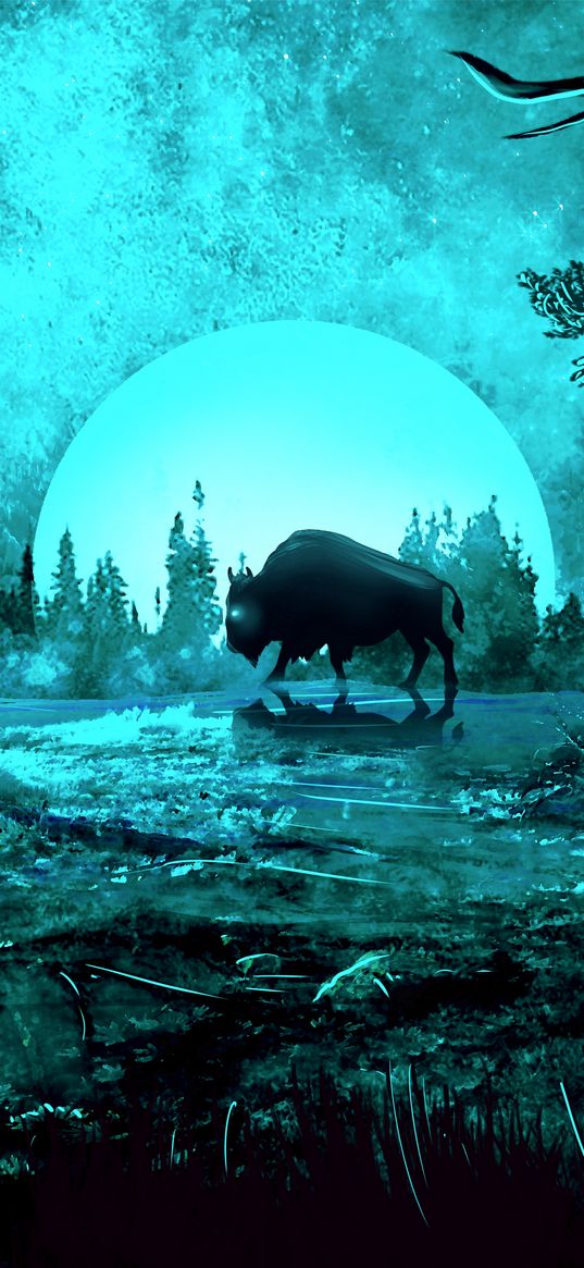 bison, moon, night, light, art