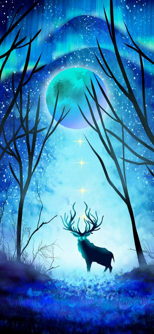 deer, forest, night, moon, northern lights, art