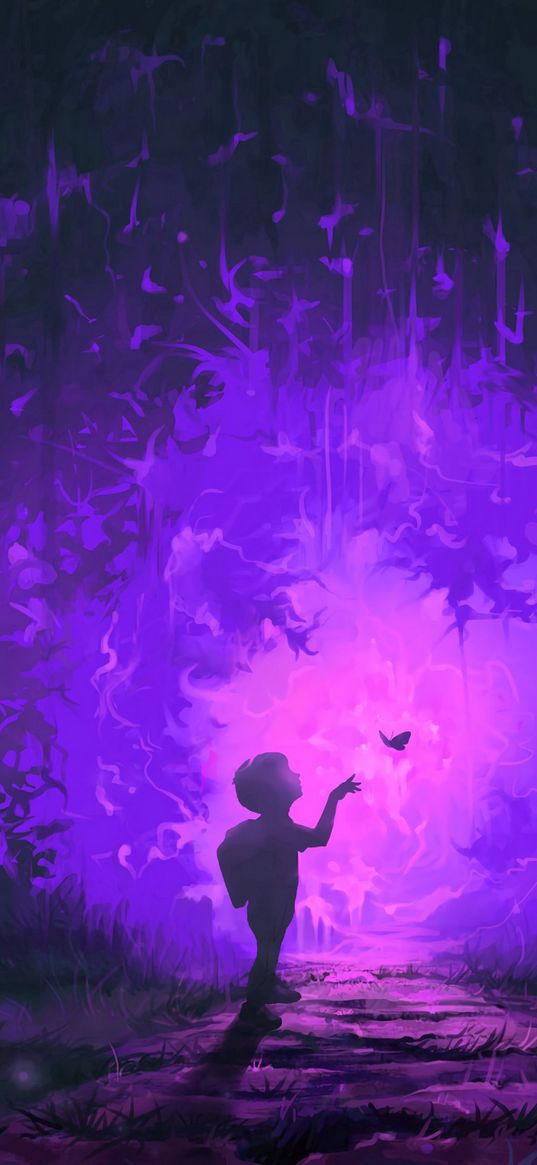 child, butterfly, portal, forest, fantastic, art