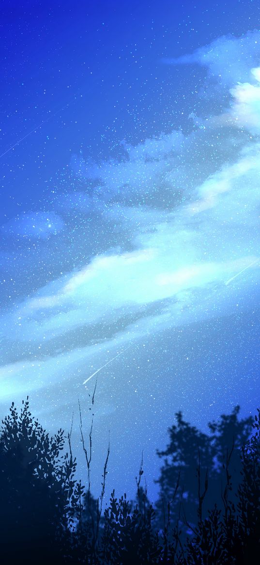 night, starfall, trees, clouds, starry sky