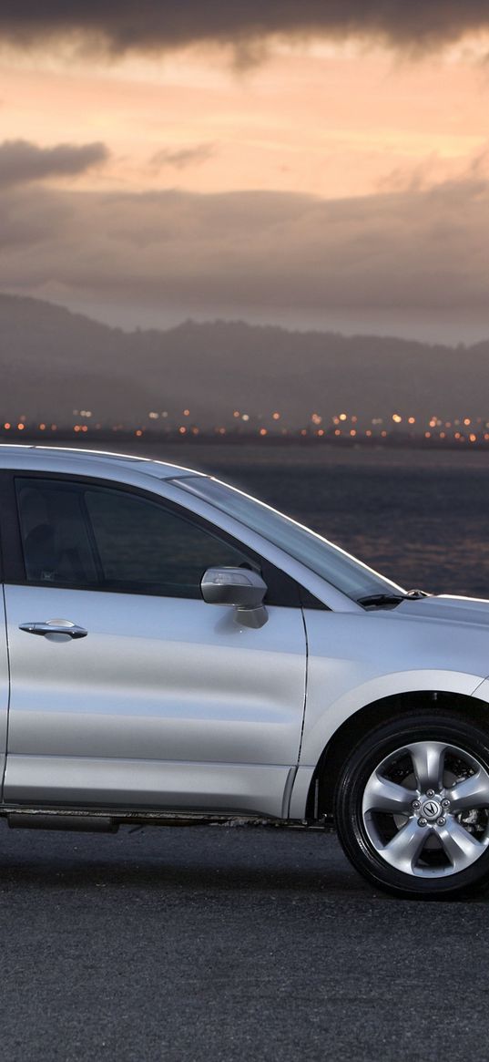 acura, rdx, silver metallic, side view, style, sky, lights, water, mountains