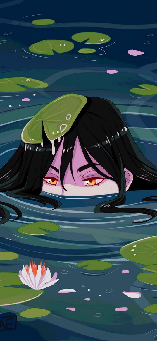 girls, water, water lilies, head, art