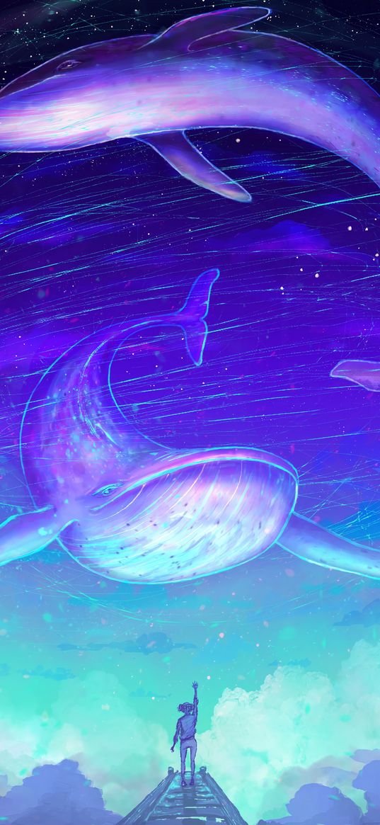 whales, sky, fantasy, illusion, art