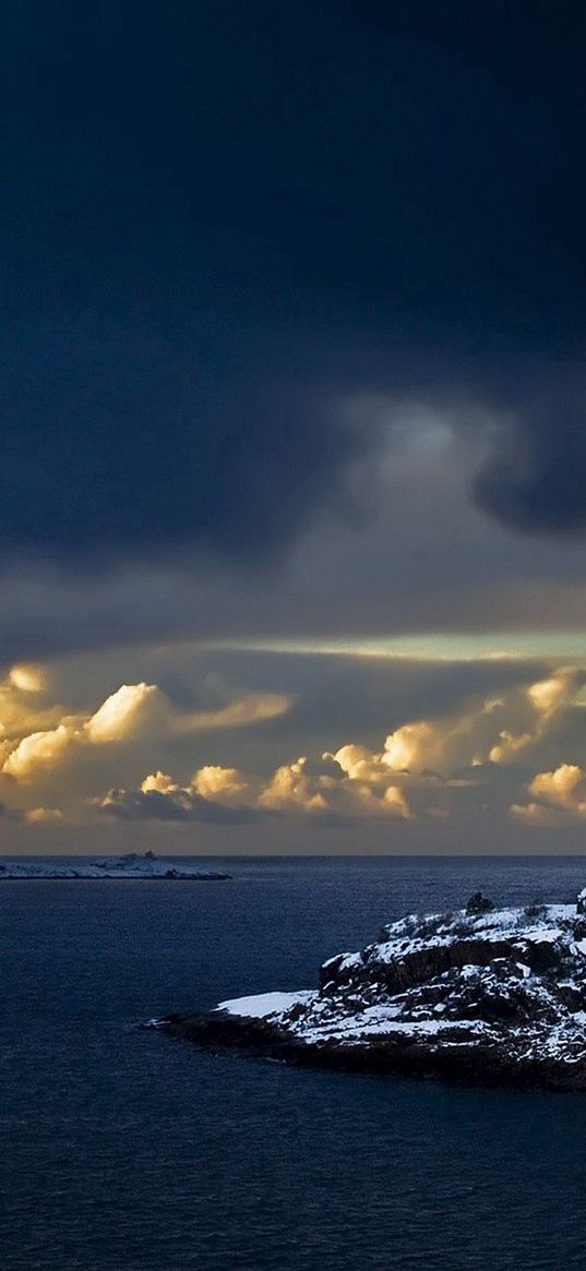 coast, rocks, houses, clouds, sea