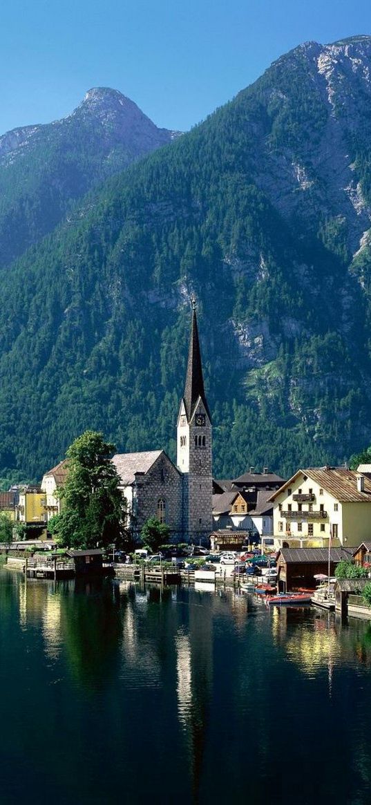 coast, houses, mountains, trees