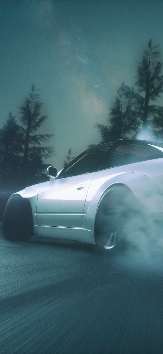 car, white, drift, smoke, asphalt