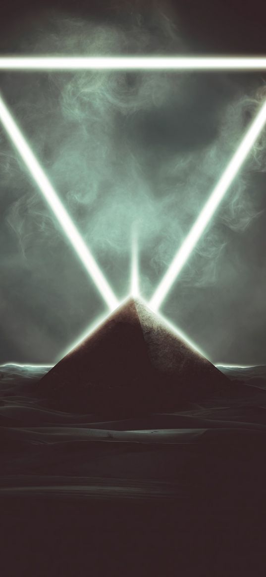 pyramid, triangle, smoke, glow, dark