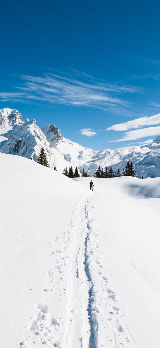 mountains, snow, skier, path, snowy