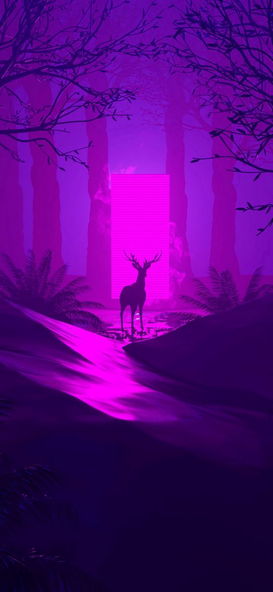 deer, silhouette, dark, forest, portal