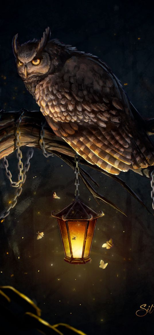 owl, lantern, chain, moths, art, branch