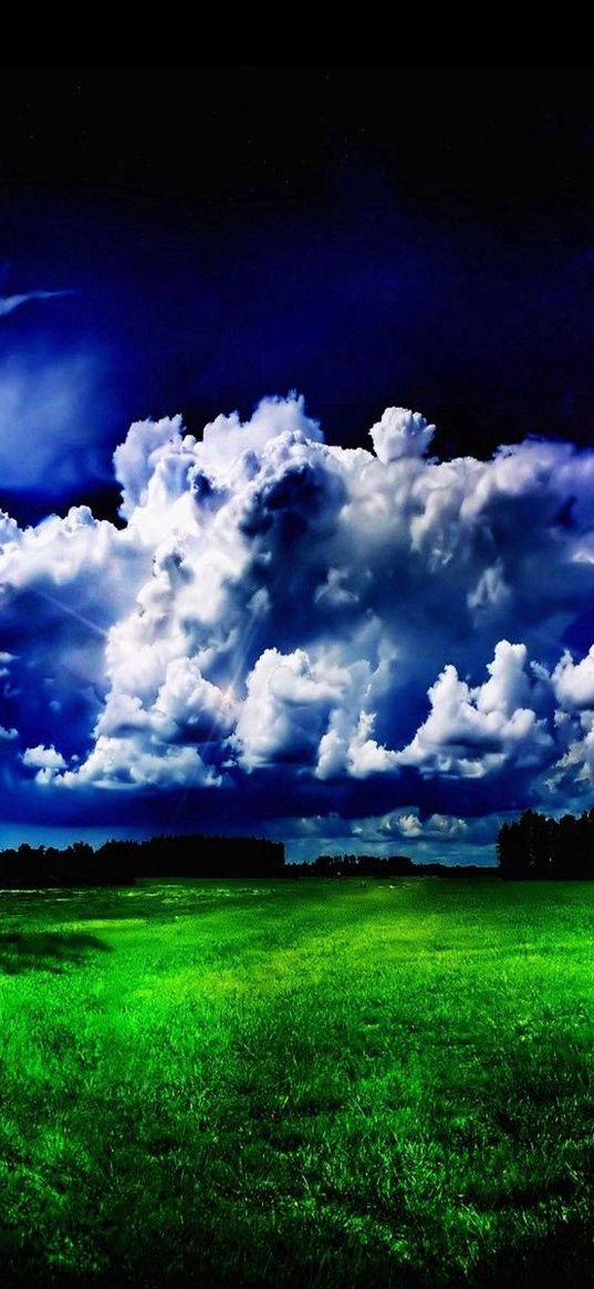 trees, meadow, grass, greens, clouds, moon