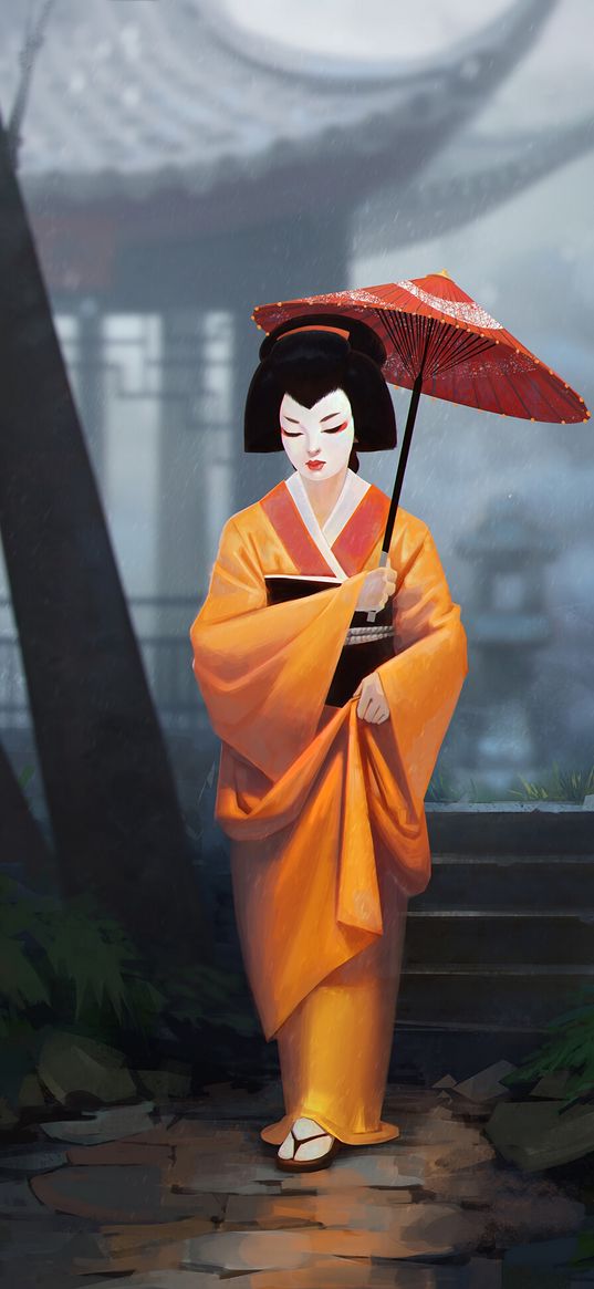 geisha, girl, kimono, umbrella, art