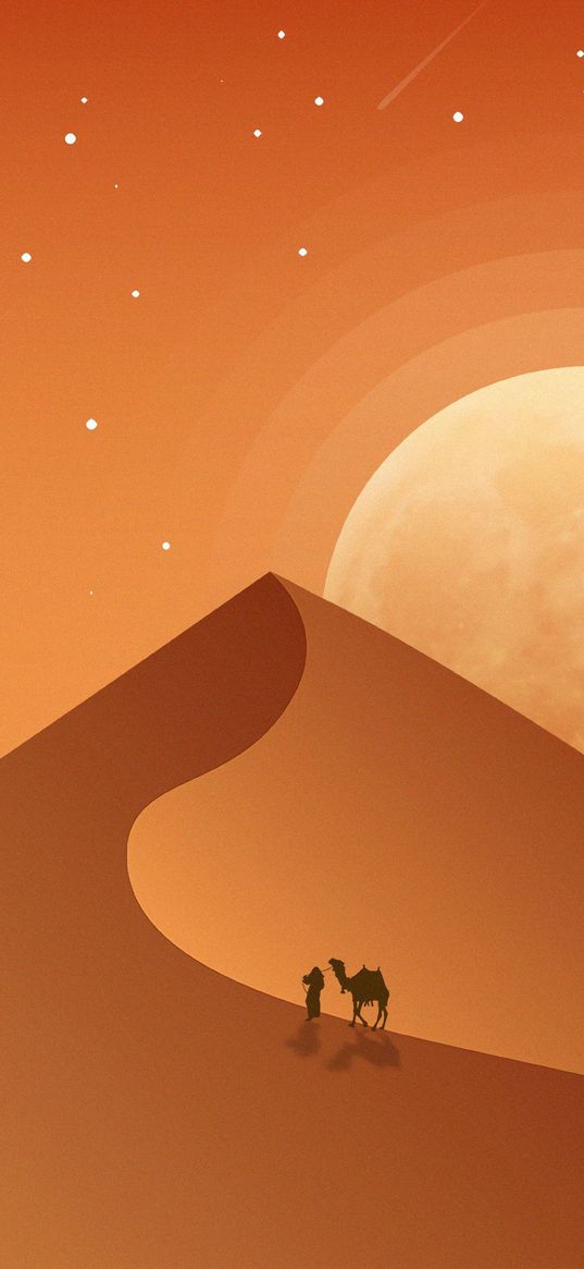 desert, dunes, camel, night, art, vector