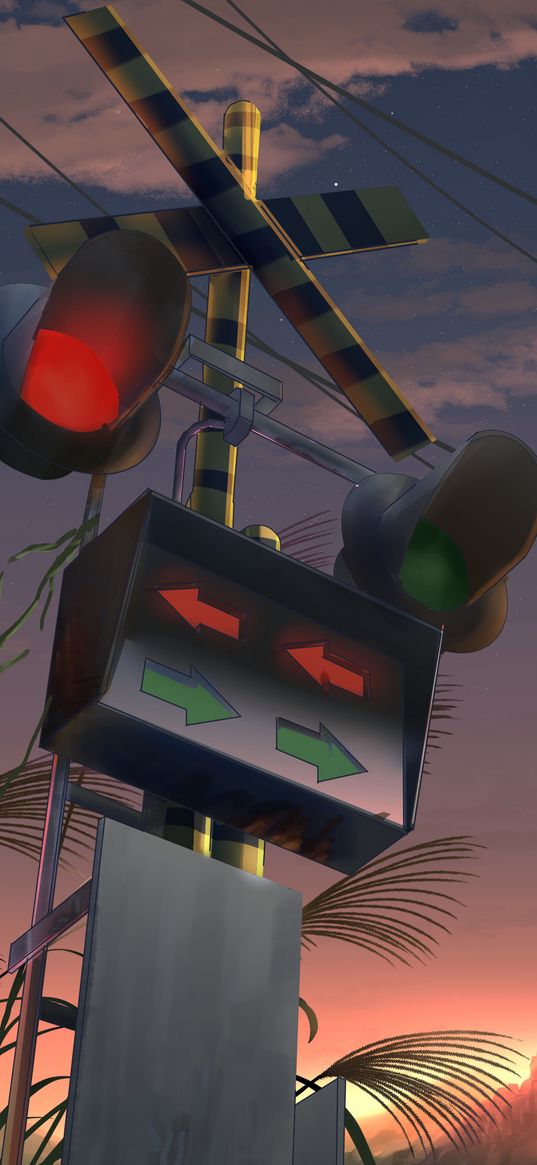 traffic light, sign, arrows, art