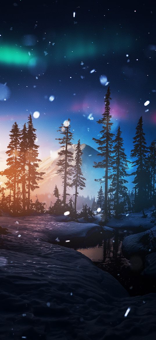 landscape, winter, snow, night, northern lights