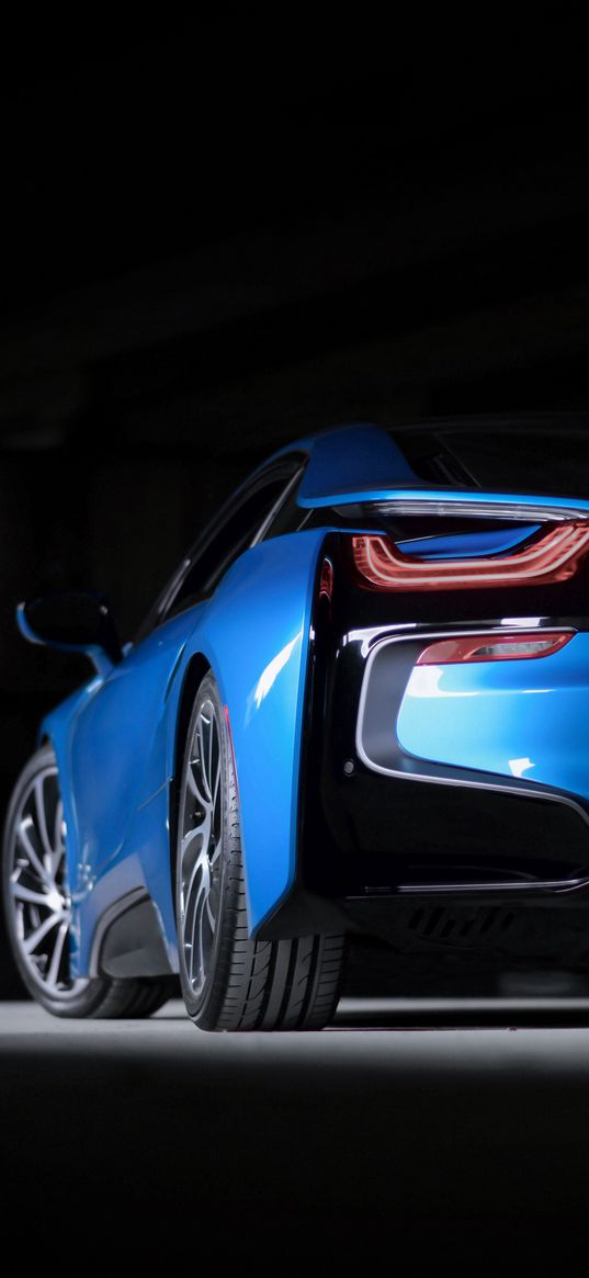 bmw i8, bmw, car, blue, sportscar, supercar, rear view