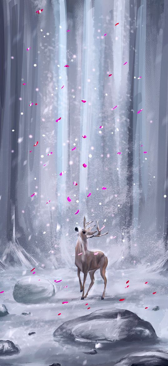 deer, forest, petals, snow, ar