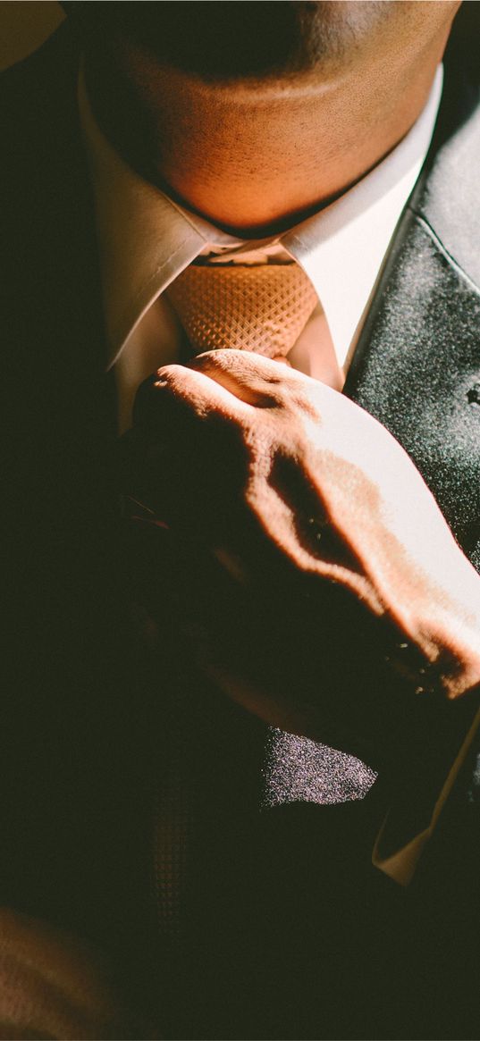 man, tie, hand, suit, business