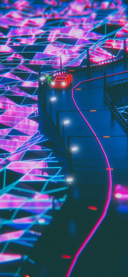 silhouette, road, synthwave, neon