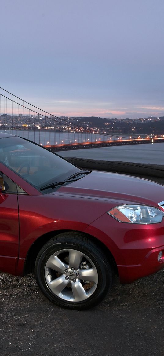 acura, rdx, red, side view, style, cars, city, lights, bridge, nature