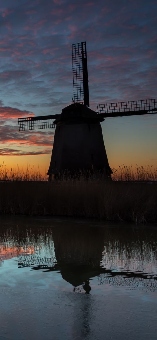 windmill, dark, dusk, river, nature