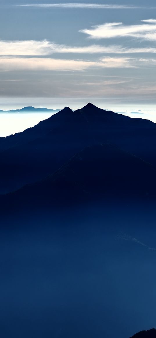 mountains, fog, clouds, peaks, dark