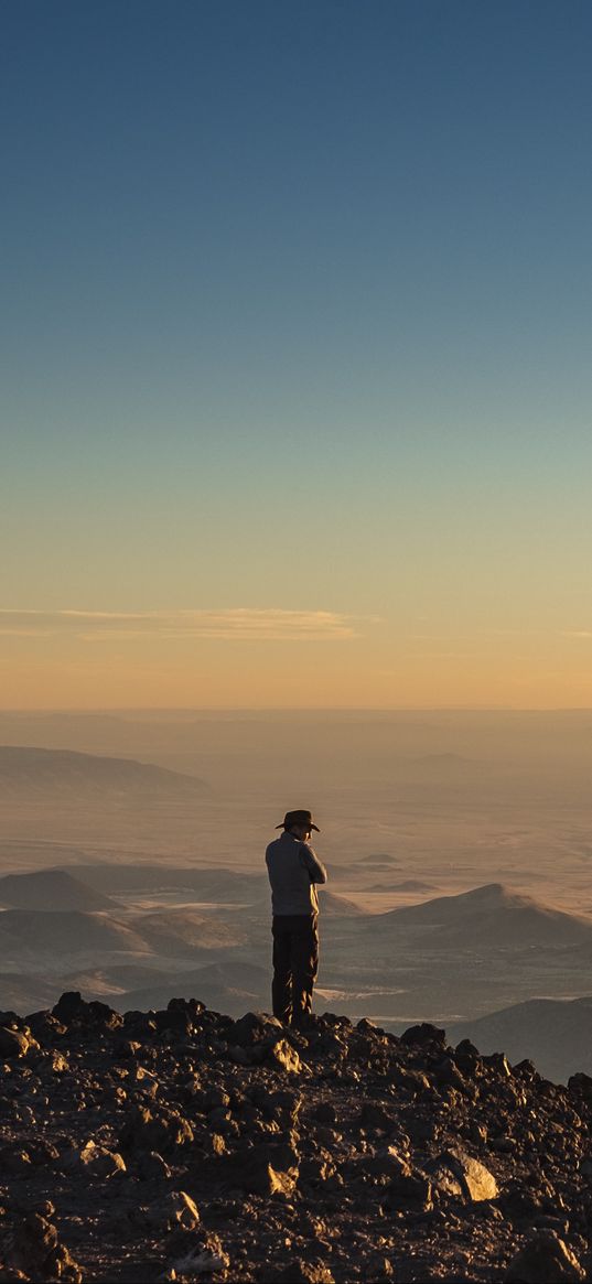 man, hill, stones, horizon, overview