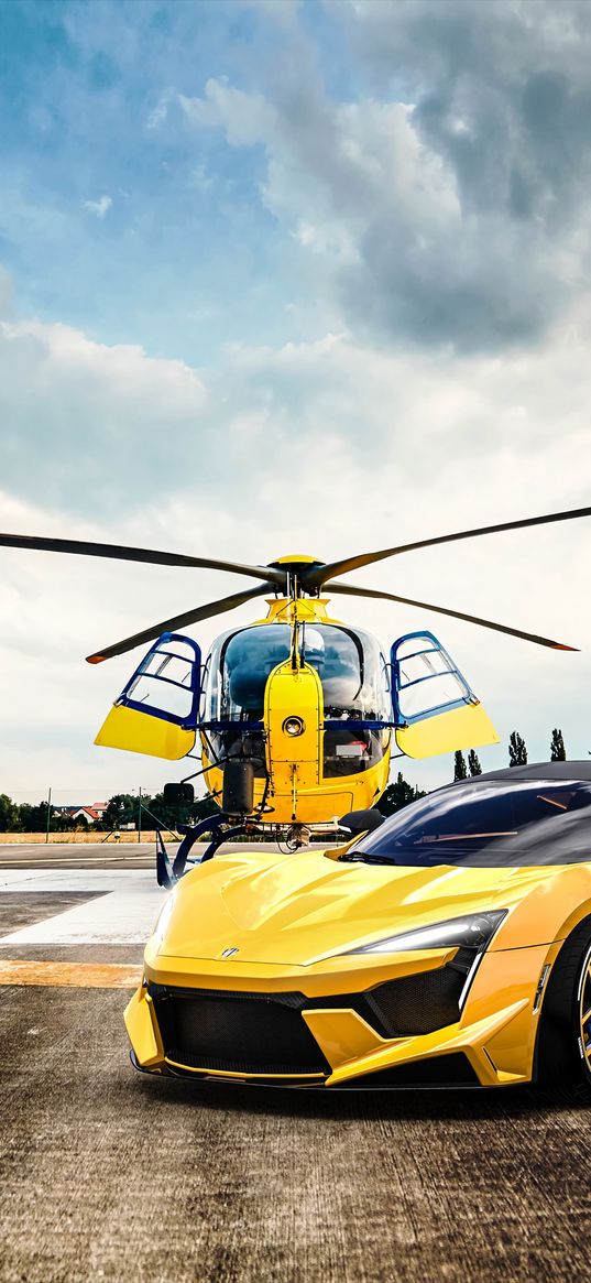 car, helicopter, yellow, sportscar