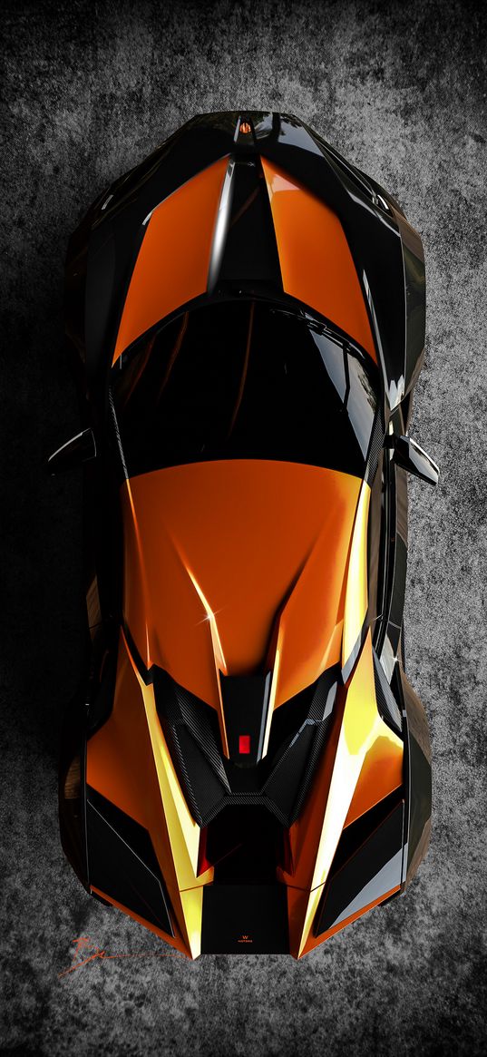 car, sportscar, orange, black, top view