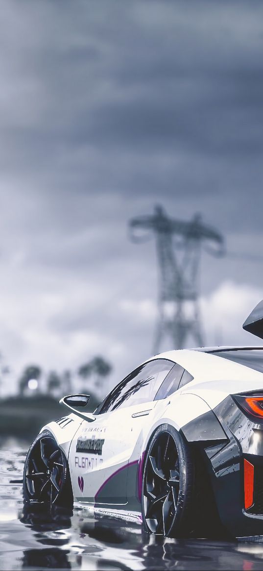 car, sportscar, gray, water, wet