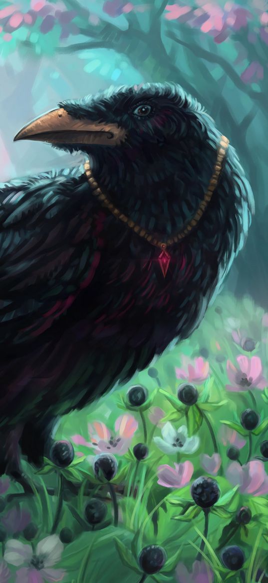 crow, bird, pendant, flowers, art