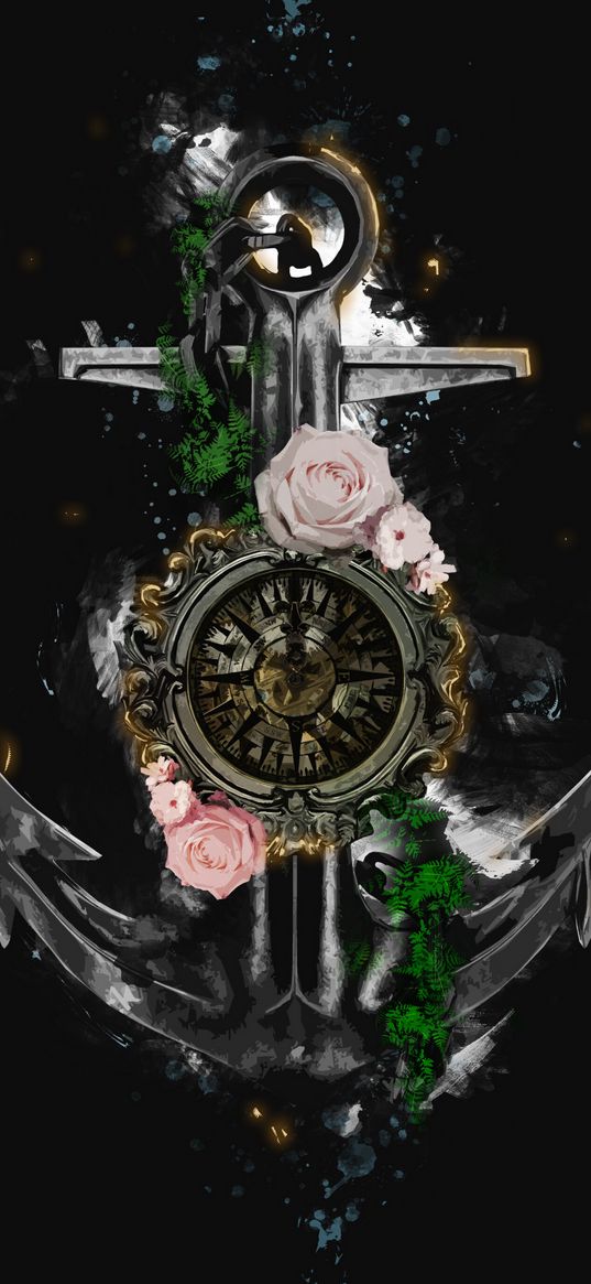 anchor, compass, flowers, art