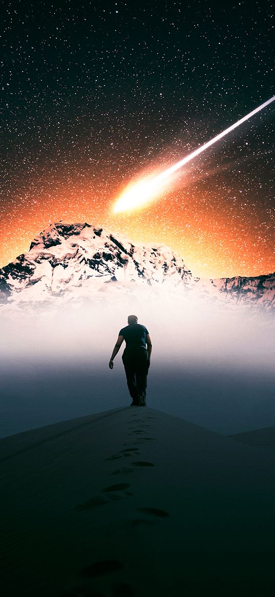 man, alone, desert, mountains, meteor