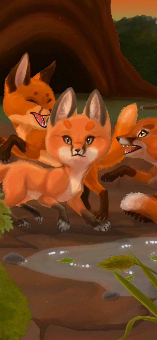 foxes, play, animals, wildlife, art