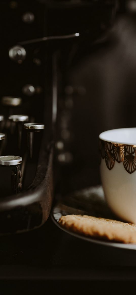 cup, saucer, cookies, typewriter, keys